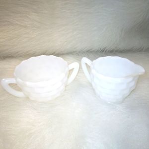 Vintage Hazel Atlas White glass sugar bowl and creamer, small scuffs, pi…